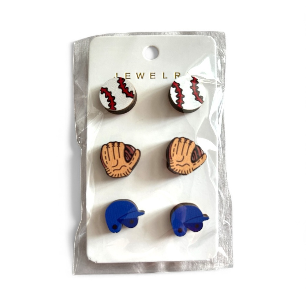 Wooden Baseball Themed Earrings Set